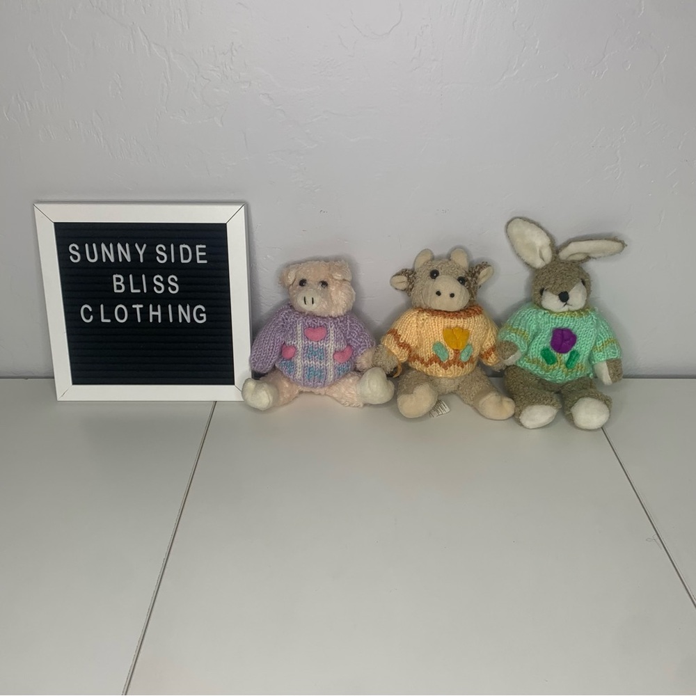 Vintage HugFun Stuffed Pig, Cow, and Rabbit Plushies Wearing Knitted Sweaters